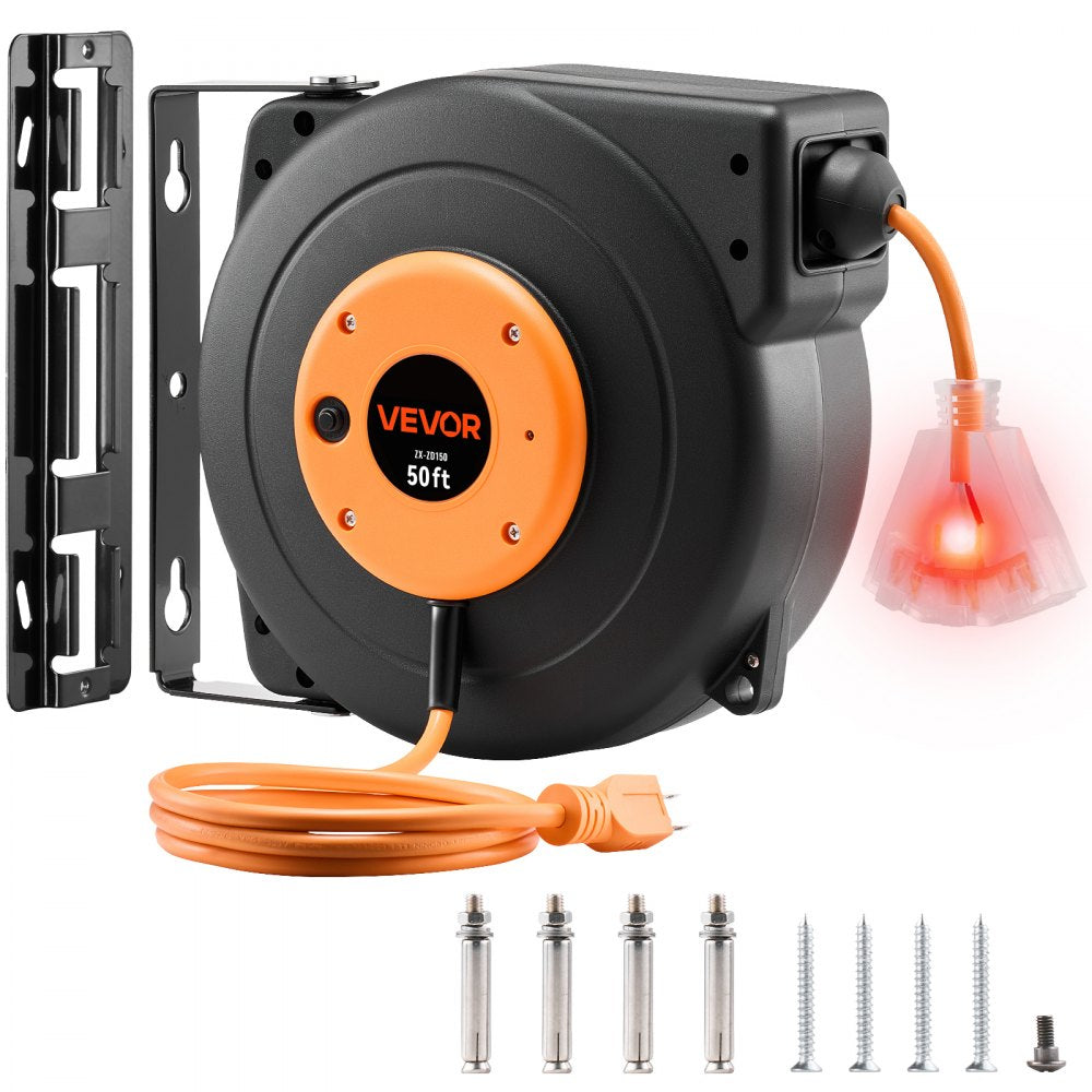 VEVOR 50ft Retractable Extension Cord Reel 14AWG/3CSJTOW Power Cord Reel - 50 ft / Orange+Black
