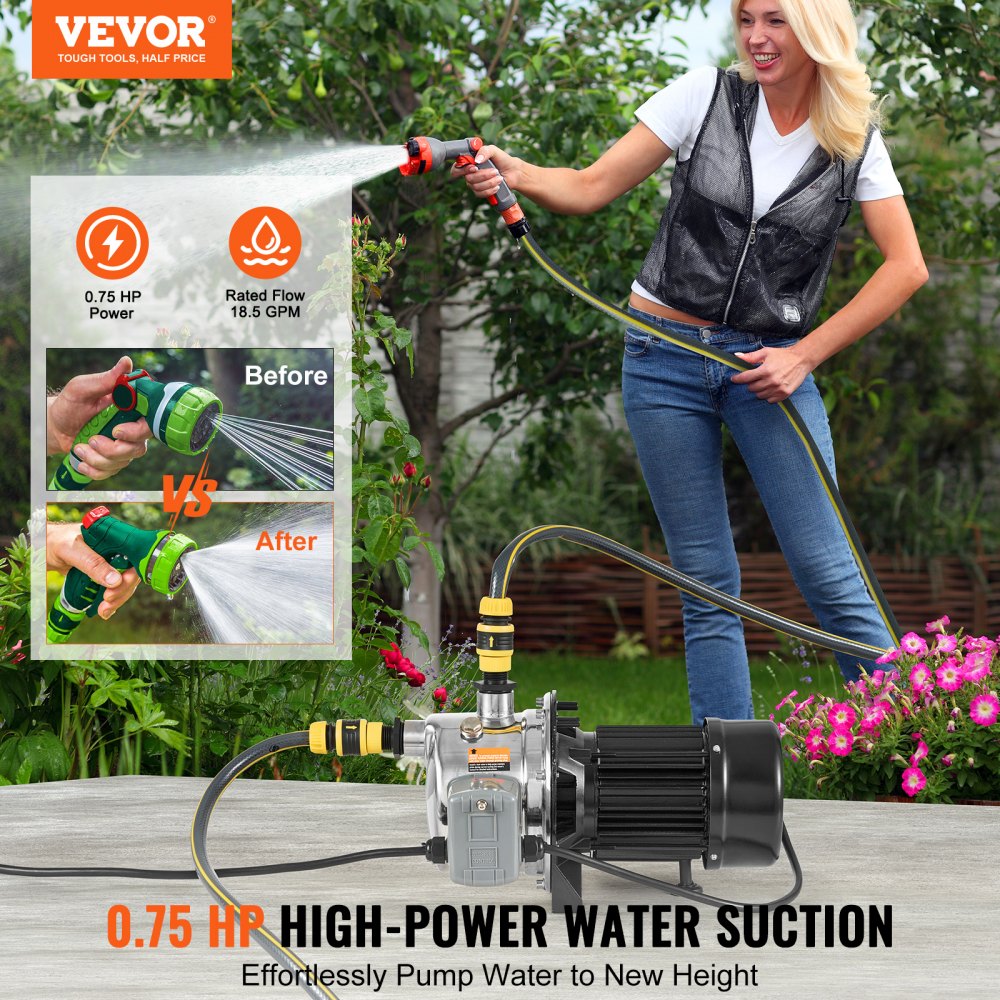 VEVOR 3/4HP SUS304 Stainless Steel Shallow Well Jet Pump, 115 Volt, 18.5 GPM 131 FT Maximum Head Irrigation Water Pump