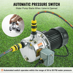 VEVOR 3/4HP SUS304 Stainless Steel Shallow Well Jet Pump, 115 Volt, 18.5 GPM 131 FT Maximum Head Irrigation Water Pump