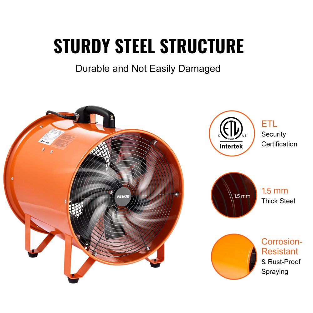 VEVOR Portable Ventilator, 16 inch Heavy Duty Cylinder Fan with 33ft Duct Hose, 1350W Strong Shop Exhaust Blower