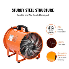 VEVOR Portable Ventilator, 12 inch Heavy Duty Cylinder Fan with 16.4ft Duct Hose, 560W Strong Shop Exhaust Blower