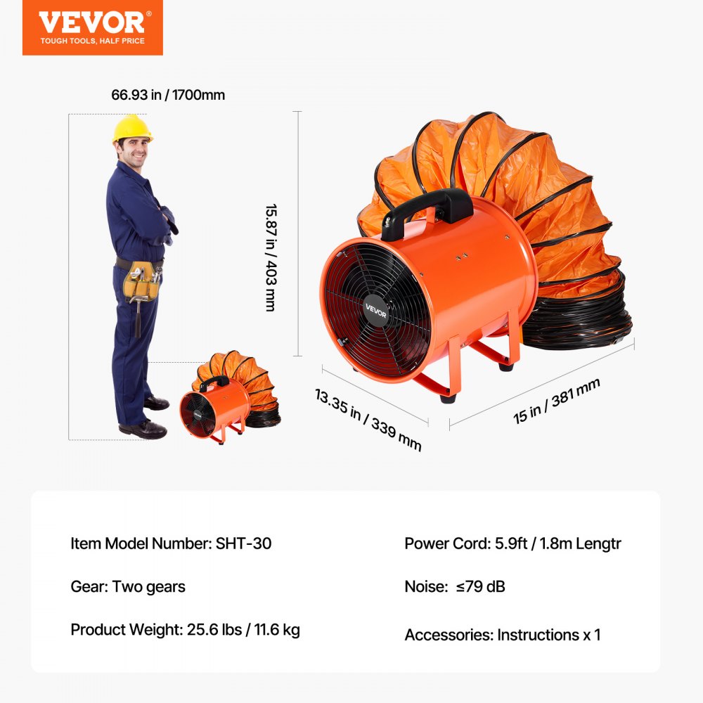 VEVOR Portable Ventilator, 12 inch Heavy Duty Cylinder Fan with 16.4ft Duct Hose, 560W Strong Shop Exhaust Blower