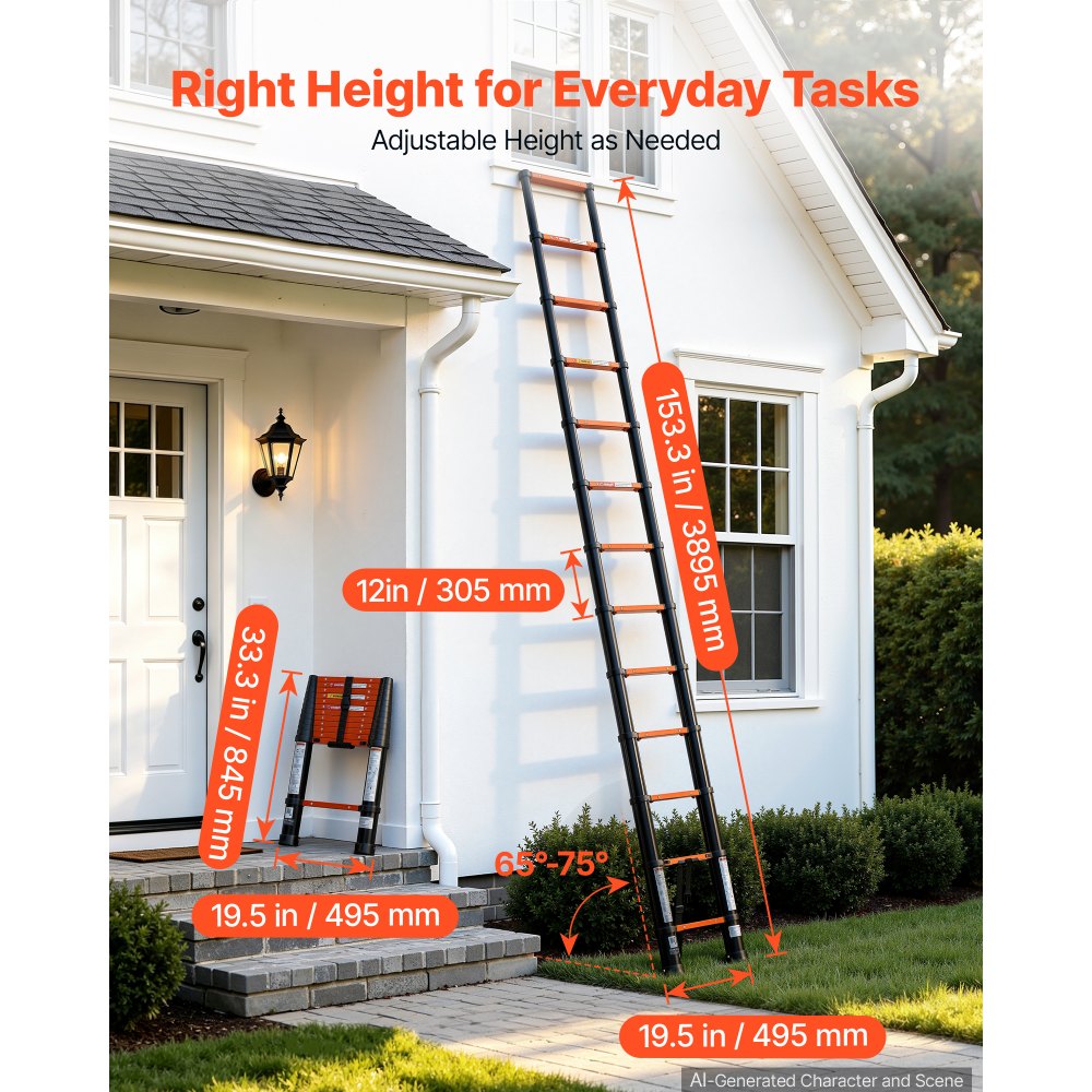 VEVOR Telescoping Ladder, 12.5 ft Extension Ladder One-Button Retraction, Heavy-Duty 330 lbs Capacity, for Home