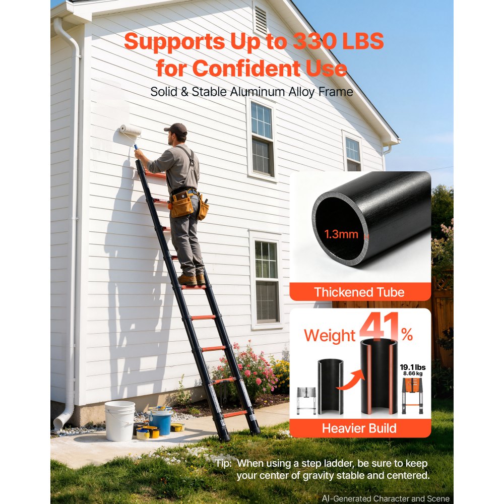 VEVOR Telescoping Ladder, 12.5 ft Extension Ladder One-Button Retraction, Heavy-Duty 330 lbs Capacity, for Home