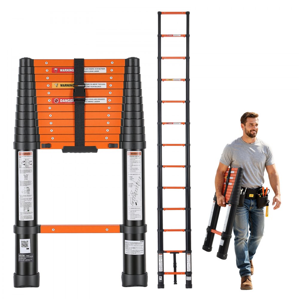 VEVOR Telescoping Ladder, 12.5 ft Extension Ladder One-Button Retraction, Heavy-Duty 330 lbs Capacity, for Home