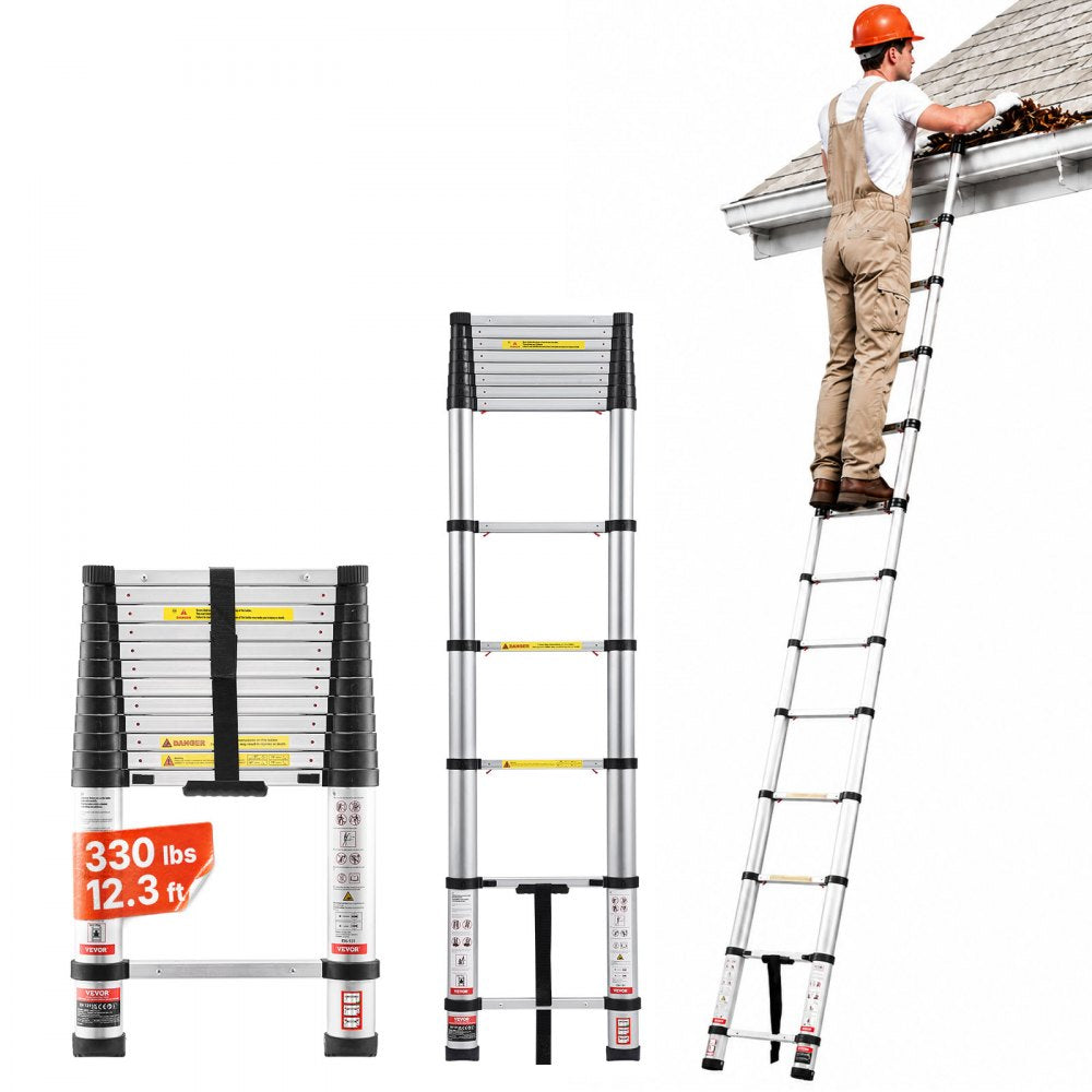 VEVOR 12.5ft Telescoping Ladder, Aluminum Lightweight Multi-Purpose Collapsible Extension, One-Touch Retraction Ladder