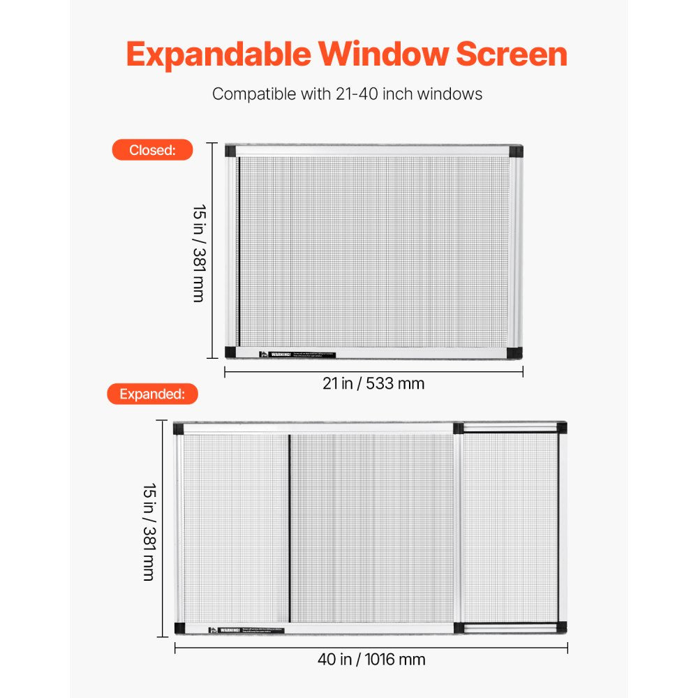 VEVOR Adjustable Window Screen, 15" H x 21" - 40" W, 2 Packs Expandable Windows Screens with Aluminum Frame and Durable