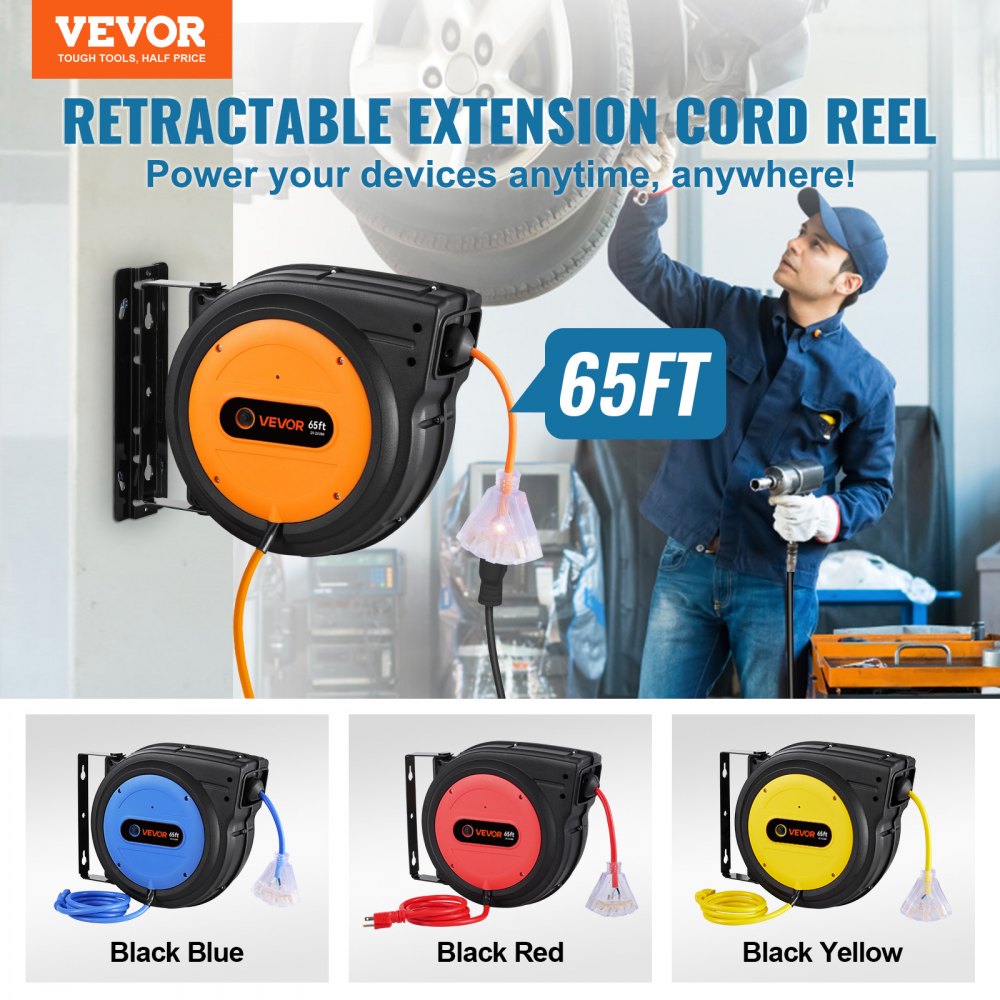 VEVOR Retractable Extension Cord Reel, 65 FT, Heavy Duty 12AWG/3C SJTOW Retractable Power Cord with Lighted Triple Tap