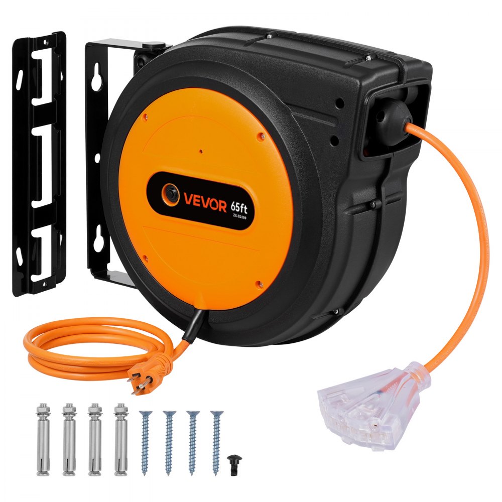 VEVOR Retractable Extension Cord Reel, 65 FT, Heavy Duty 12AWG/3C SJTOW Retractable Power Cord with Lighted Triple Tap