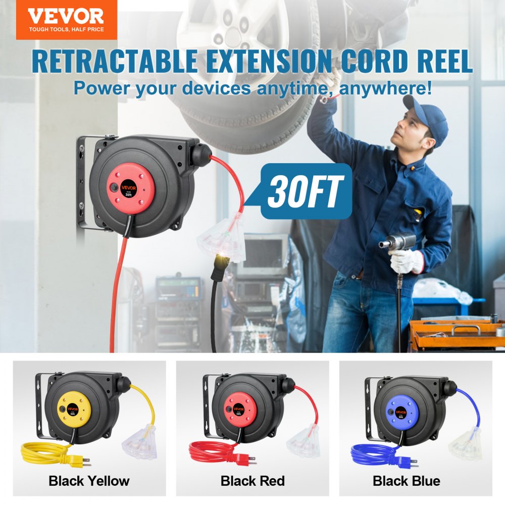 VEVOR Retractable Extension Cord Reel, 30 FT, Heavy Duty 16AWG/3C SJTOW Retractable Power Cord Reel with Lighted Triple