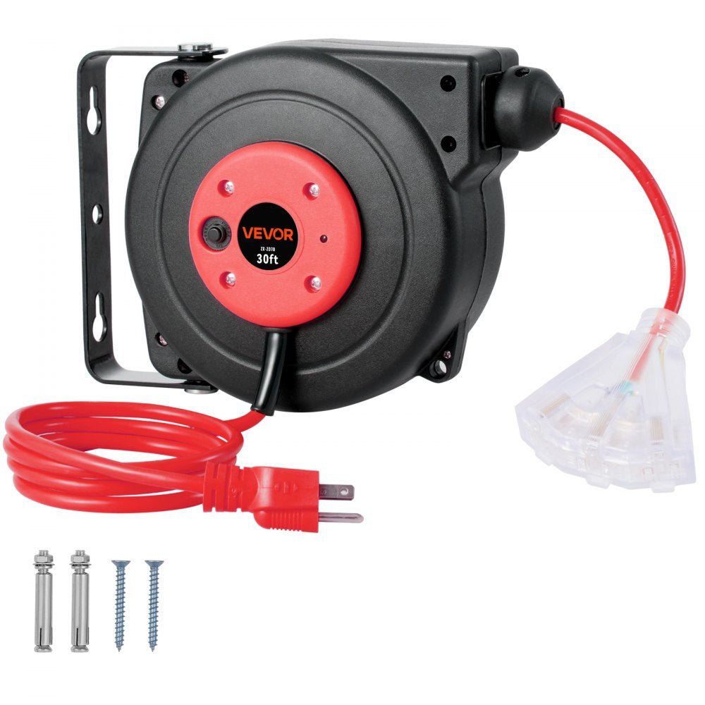 VEVOR Retractable Extension Cord Reel, 30 FT, Heavy Duty 16AWG/3C SJTOW Retractable Power Cord Reel with Lighted Triple