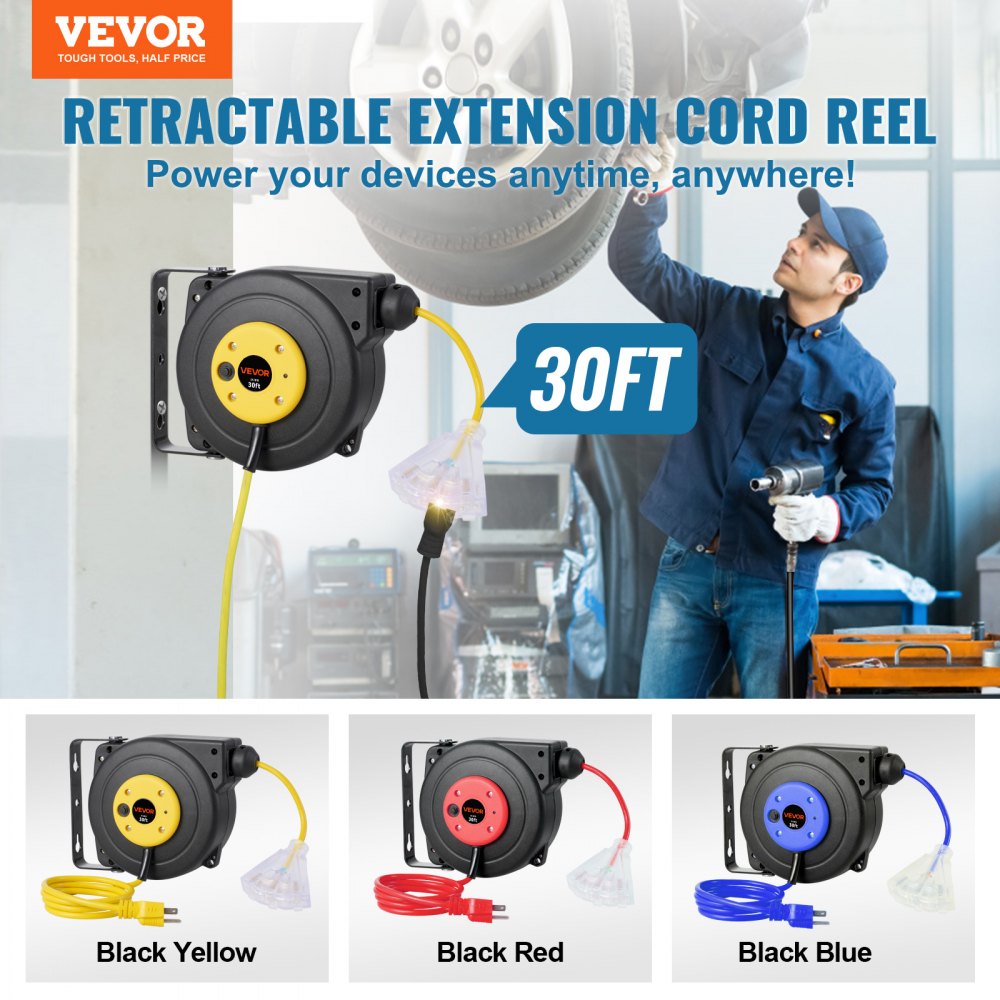 VEVOR Retractable Extension Cord Reel, 30 FT, Heavy Duty 16AWG/3C SJTOW Retractable Power Cord Reel with Lighted Triple