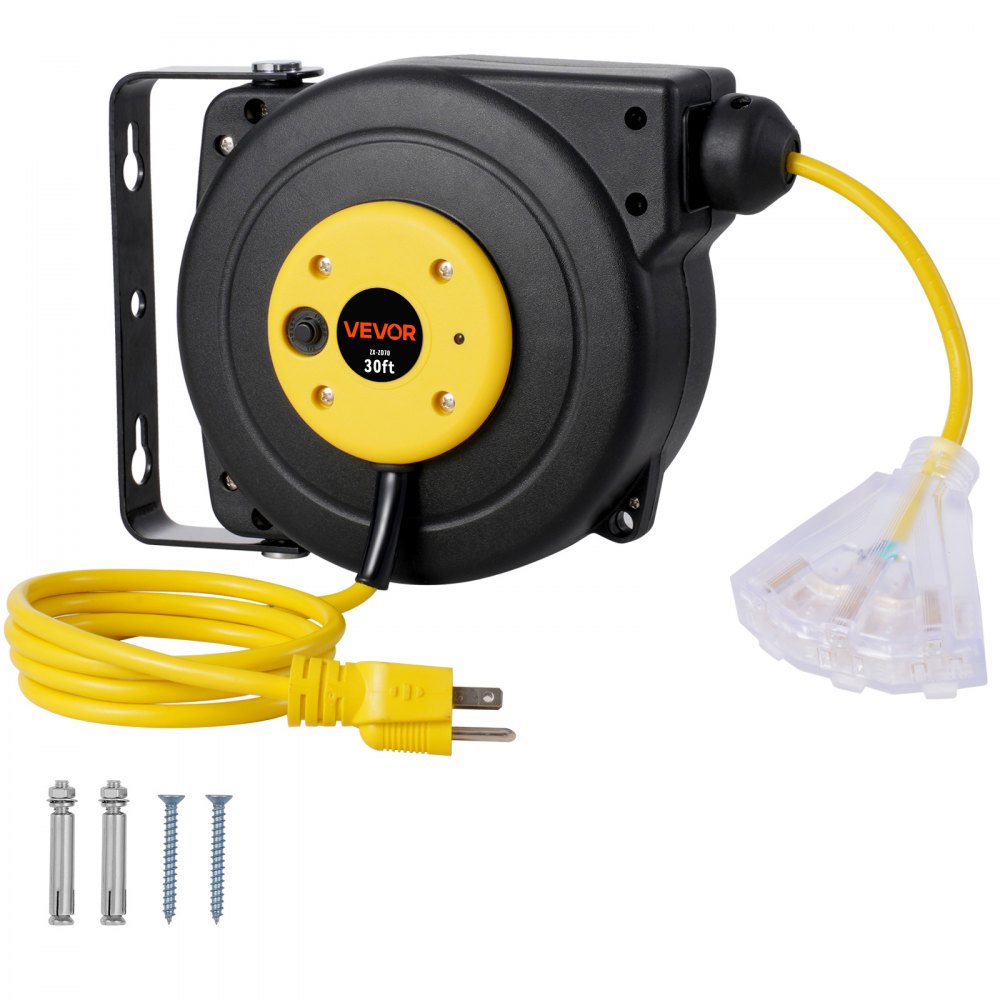 VEVOR Retractable Extension Cord Reel, 30 FT, Heavy Duty 16AWG/3C SJTOW Retractable Power Cord Reel with Lighted Triple