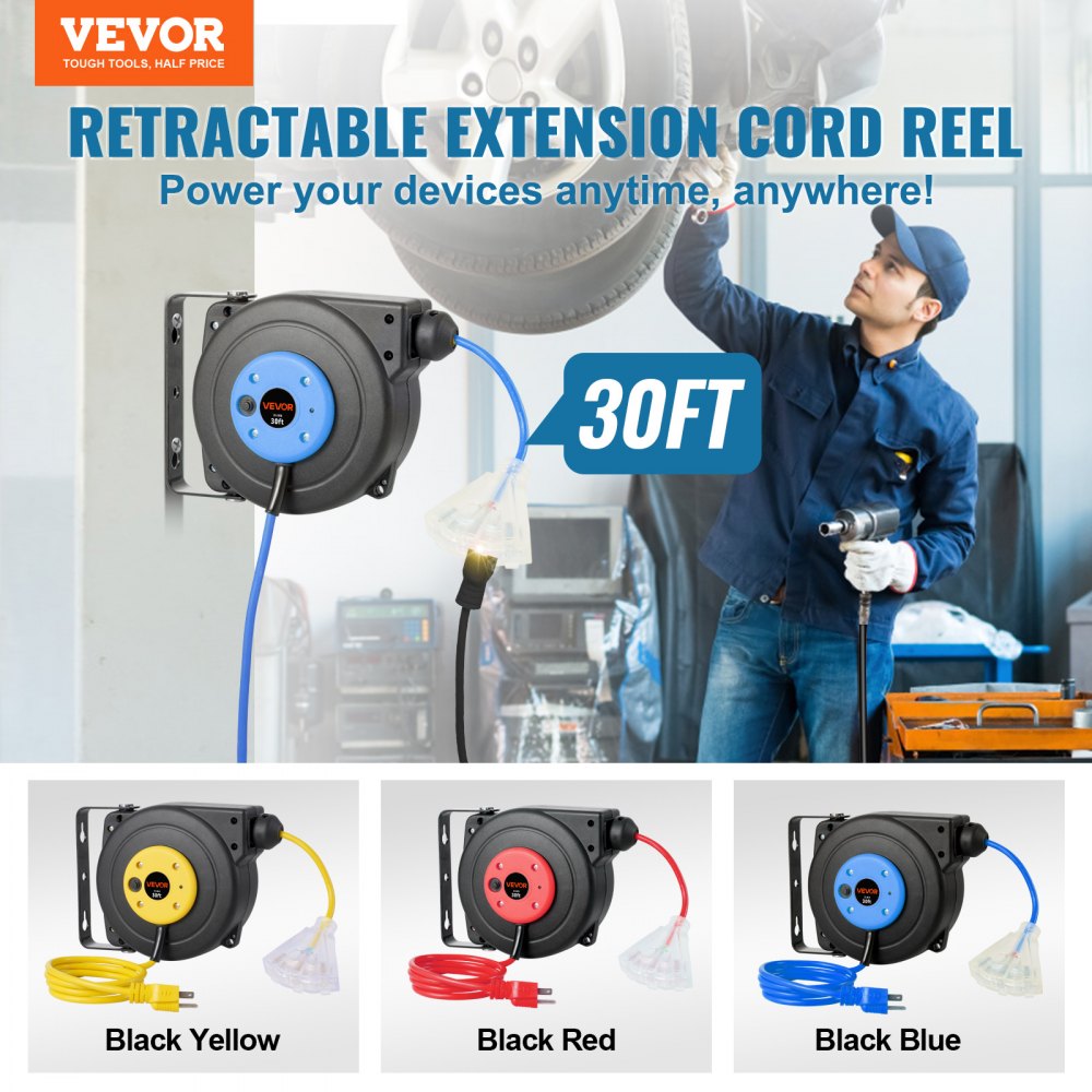 VEVOR Retractable Extension Cord Reel, 30 FT, Heavy Duty 16AWG/3C SJTOW Retractable Power Cord Reel with Lighted Triple
