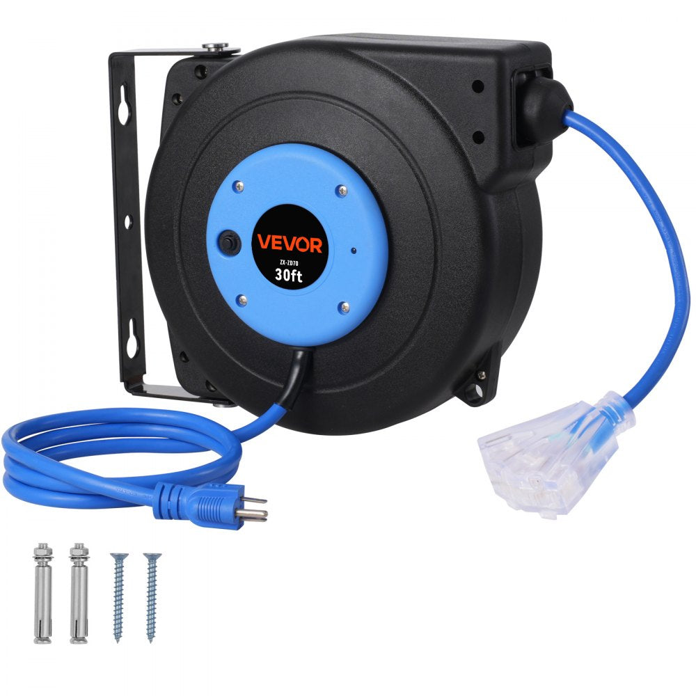 VEVOR Retractable Extension Cord Reel, 30 FT, Heavy Duty 16AWG/3C SJTOW Retractable Power Cord Reel with Lighted Triple