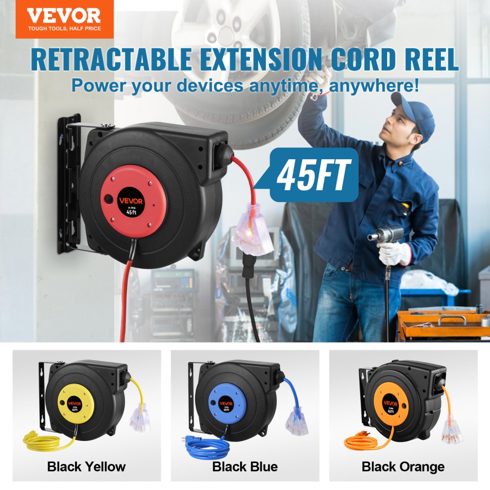 VEVOR Retractable Extension Cord Reel, 45 FT, Heavy Duty 12AWG/3C SJTOW Retractable Power Cord with Lighted Triple Tap