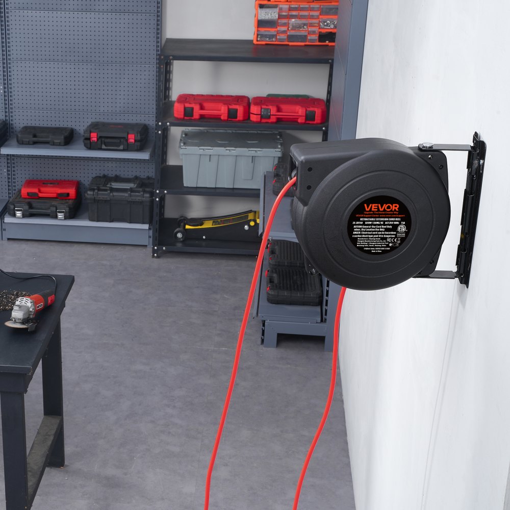 VEVOR Retractable Extension Cord Reel, 45 FT, Heavy Duty 12AWG/3C SJTOW Retractable Power Cord with Lighted Triple Tap