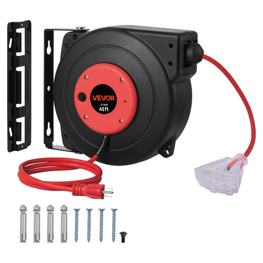 VEVOR Retractable Extension Cord Reel, 45 FT, Heavy Duty 12AWG/3C SJTOW Retractable Power Cord with Lighted Triple Tap