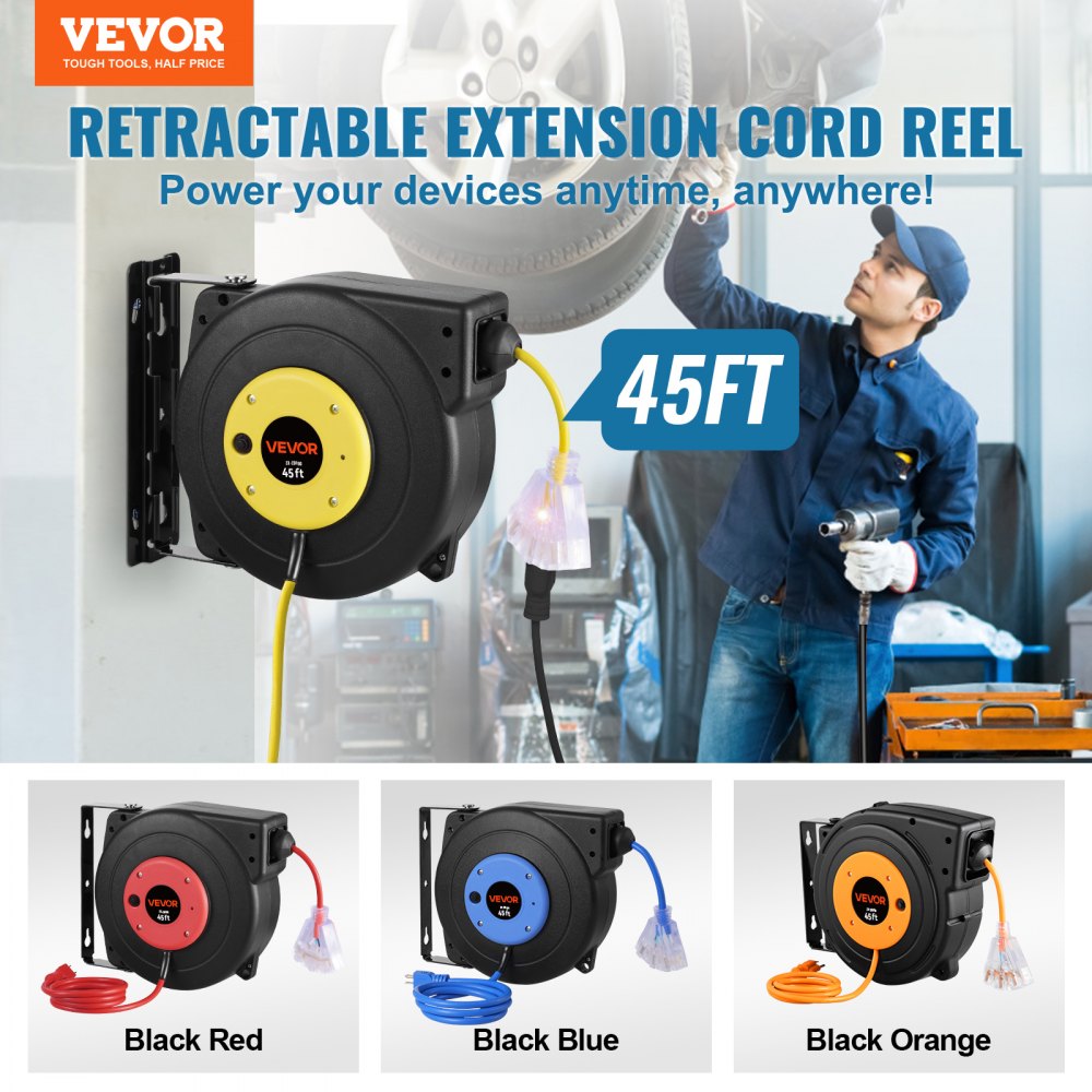 VEVOR Retractable Extension Cord Reel, 45 FT, Heavy Duty 12AWG/3C SJTOW Retractable Power Cord with Lighted Triple Tap