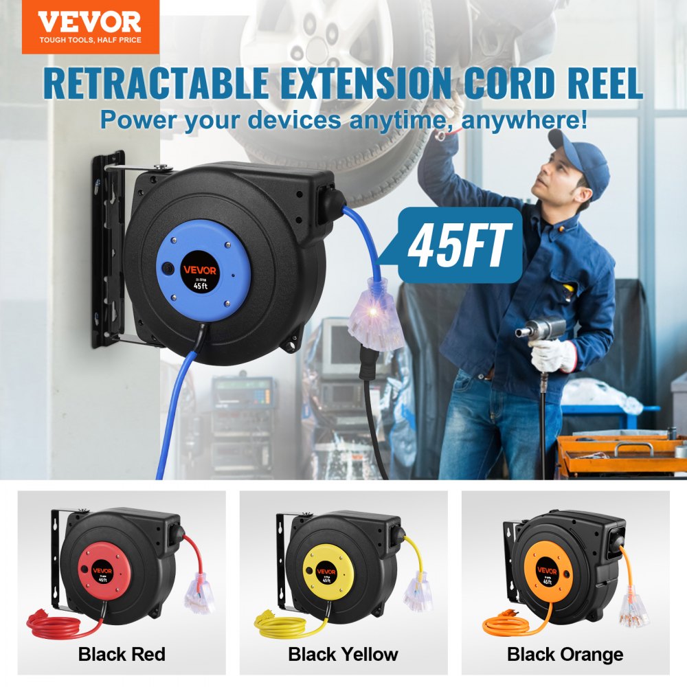 VEVOR Retractable Extension Cord Reel, 45 FT, Heavy Duty 12AWG/3C SJTOW Retractable Power Cord with Lighted Triple Tap