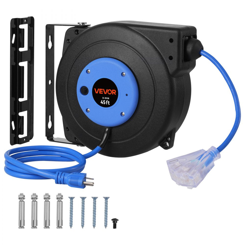 VEVOR Retractable Extension Cord Reel, 45 FT, Heavy Duty 12AWG/3C SJTOW Retractable Power Cord with Lighted Triple Tap