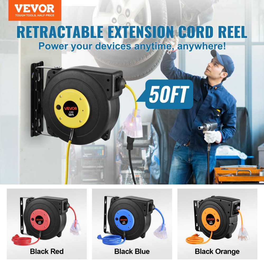 VEVOR Retractable Extension Cord Reel, 50 FT, Heavy Duty 14AWG/3C SJTOW Retractable Power Cord with Lighted Triple Tap