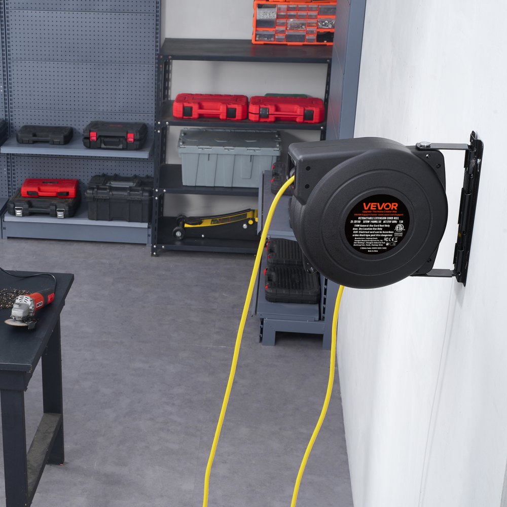 VEVOR Retractable Extension Cord Reel, 50 FT, Heavy Duty 14AWG/3C SJTOW Retractable Power Cord with Lighted Triple Tap