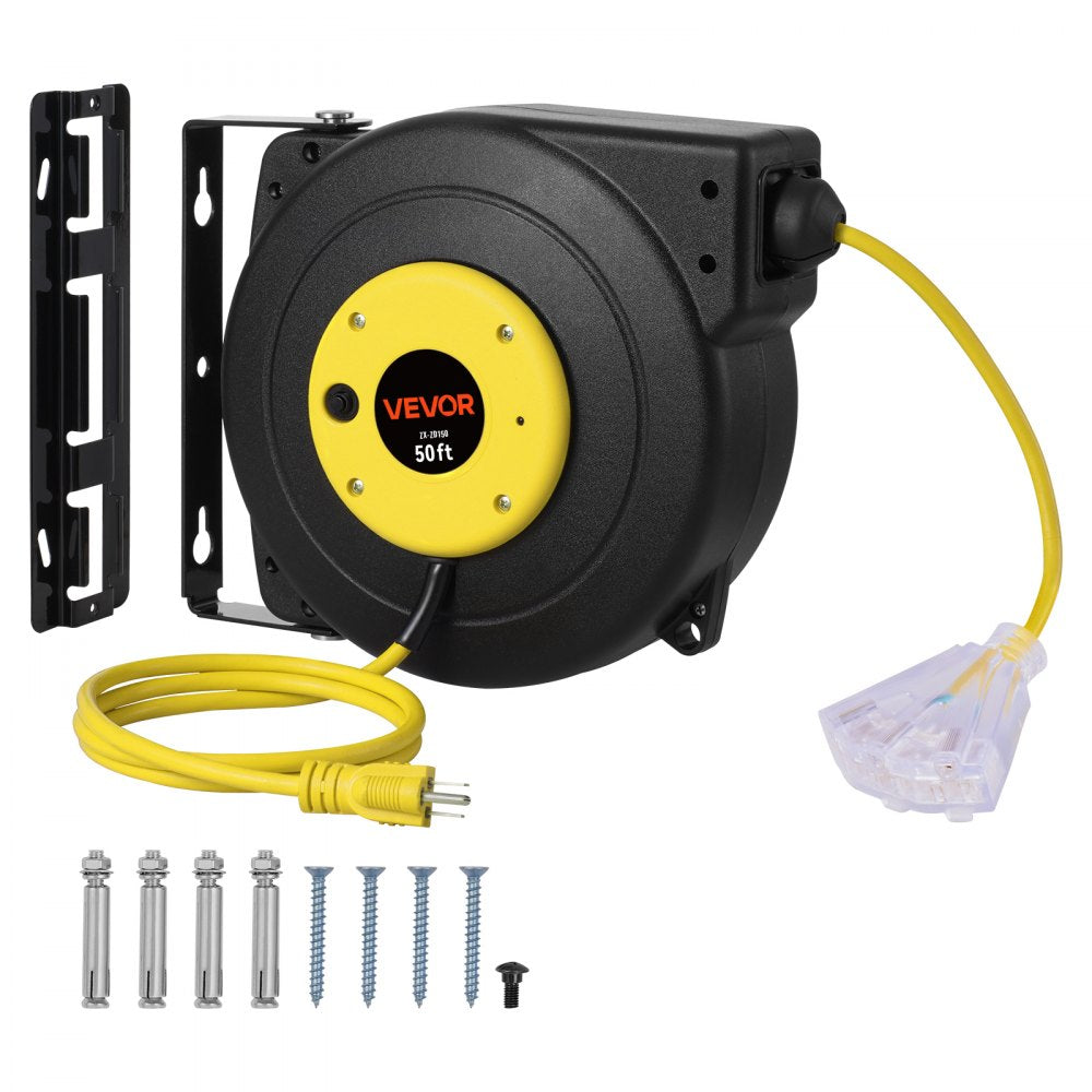 VEVOR Retractable Extension Cord Reel, 50 FT, Heavy Duty 14AWG/3C SJTOW Retractable Power Cord with Lighted Triple Tap