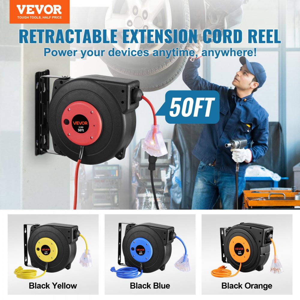 VEVOR Retractable Extension Cord Reel, 50 FT, Heavy Duty 14AWG/3C SJTOW Retractable Power Cord with Lighted Triple Tap