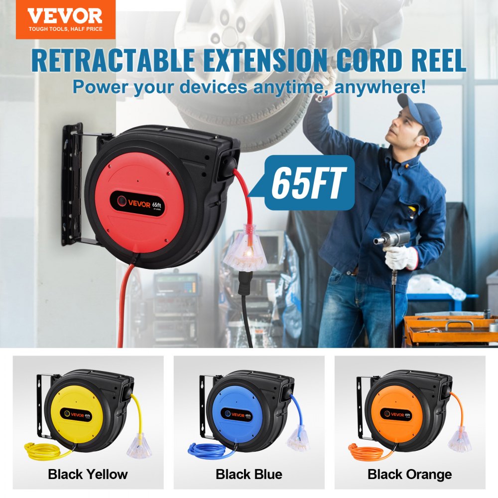 VEVOR Retractable Extension Cord Reel, 65 FT, Heavy Duty 12AWG/3C SJTOW Retractable Power Cord with Lighted Triple Tap