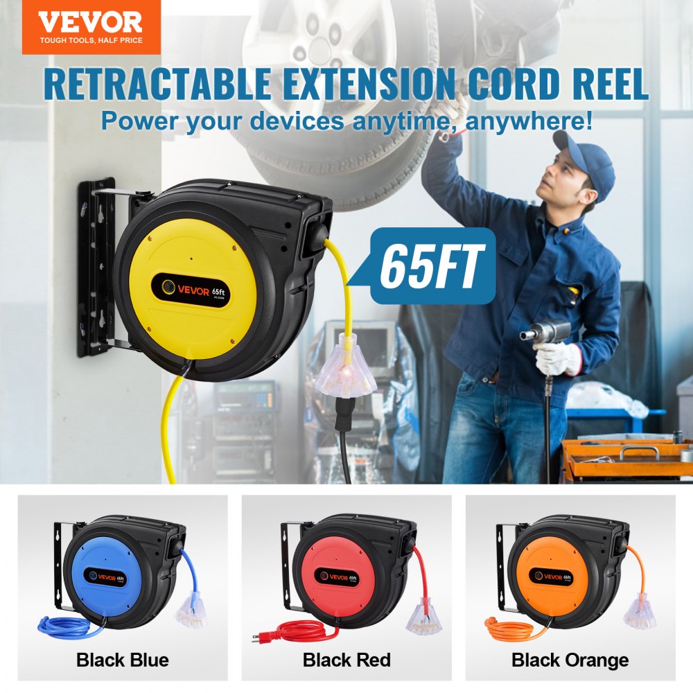 VEVOR Retractable Extension Cord Reel, 65 FT, Heavy Duty 12AWG/3C SJTOW Retractable Power Cord with Lighted Triple Tap