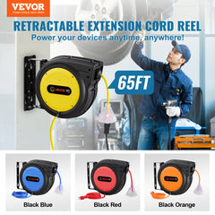 VEVOR Retractable Extension Cord Reel, 65 FT, Heavy Duty 12AWG/3C SJTOW Retractable Power Cord with Lighted Triple Tap
