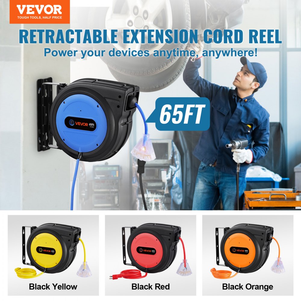 VEVOR Retractable Extension Cord Reel, 65 FT, Heavy Duty 12AWG/3C SJTOW Retractable Power Cord with Lighted Triple Tap