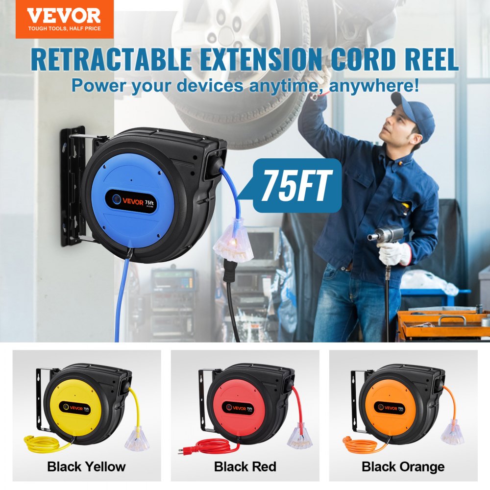 VEVOR Retractable Extension Cord Reel, 75 FT, Heavy Duty 14AWG/3C SJTOW Retractable Power Cord with Lighted Triple Tap