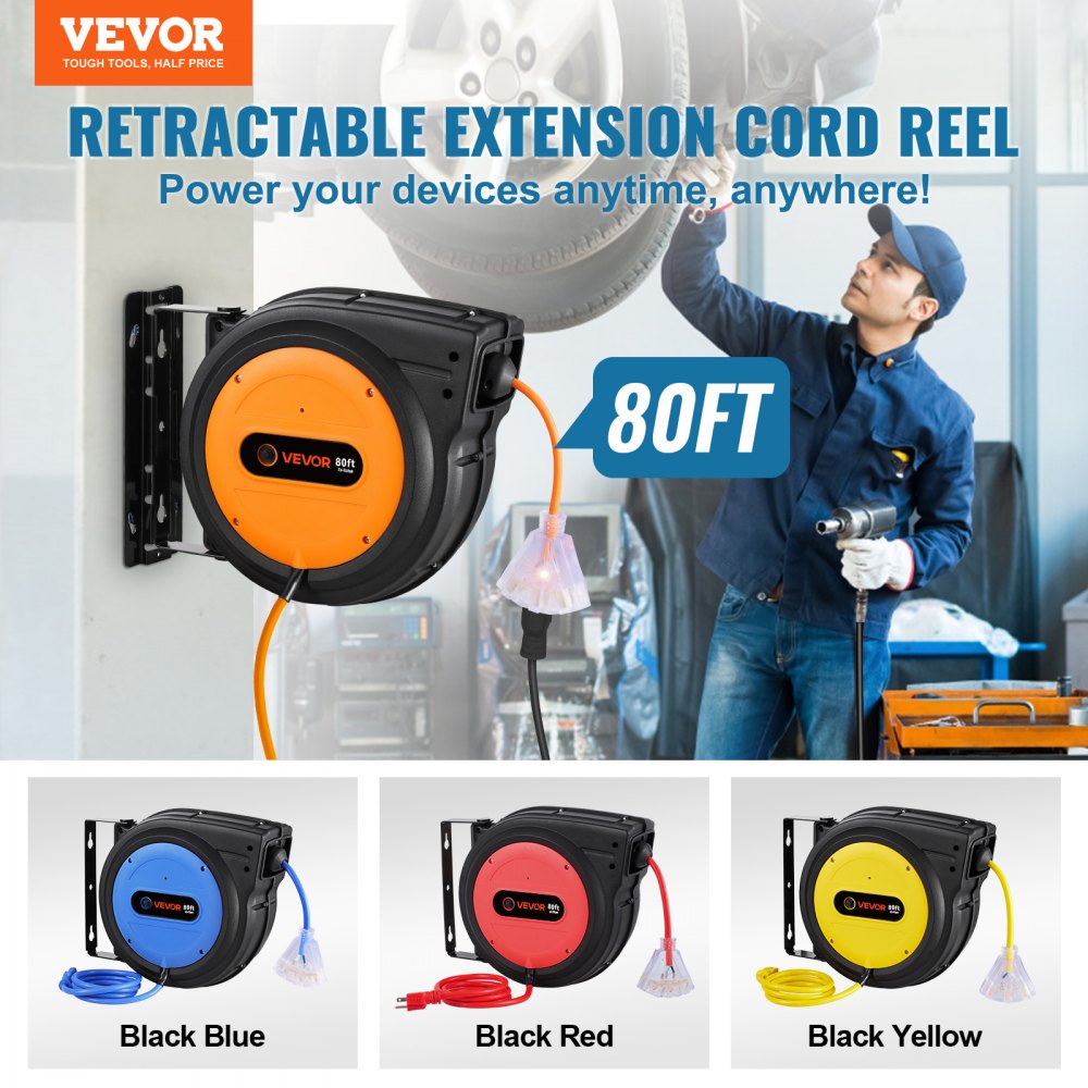 VEVOR Retractable Extension Cord Reel, 80 FT, Heavy Duty 12AWG/3C SJTOW Retractable Power Cord with Lighted Triple Tap