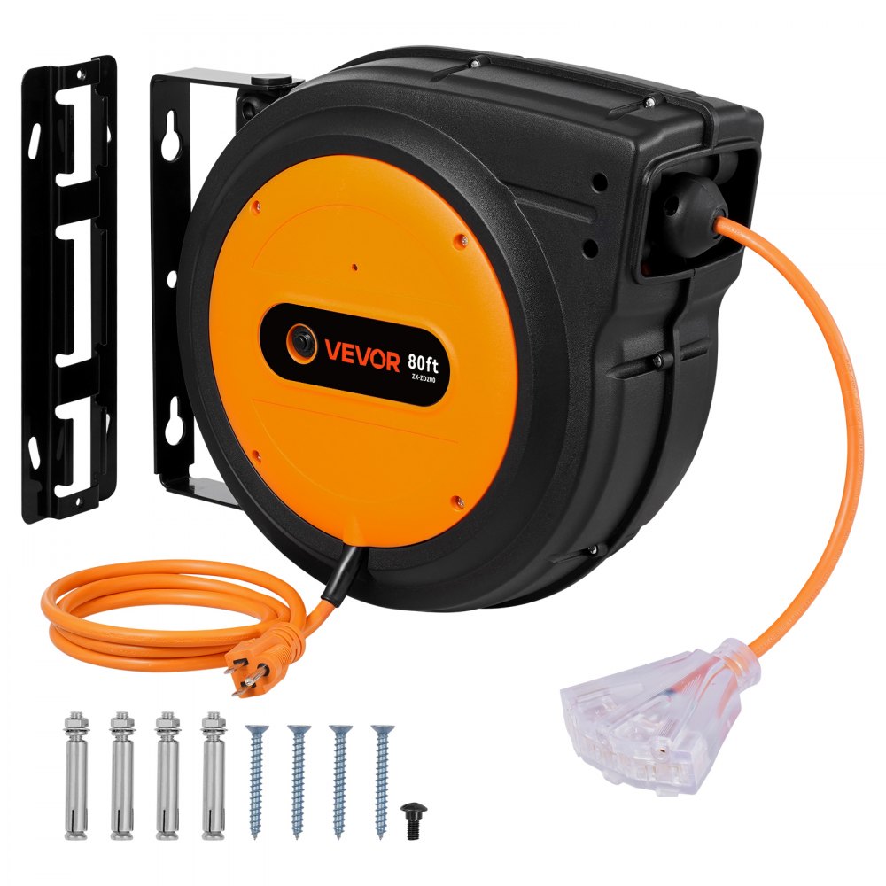 VEVOR Retractable Extension Cord Reel, 80 FT, Heavy Duty 12AWG/3C SJTOW Retractable Power Cord with Lighted Triple Tap