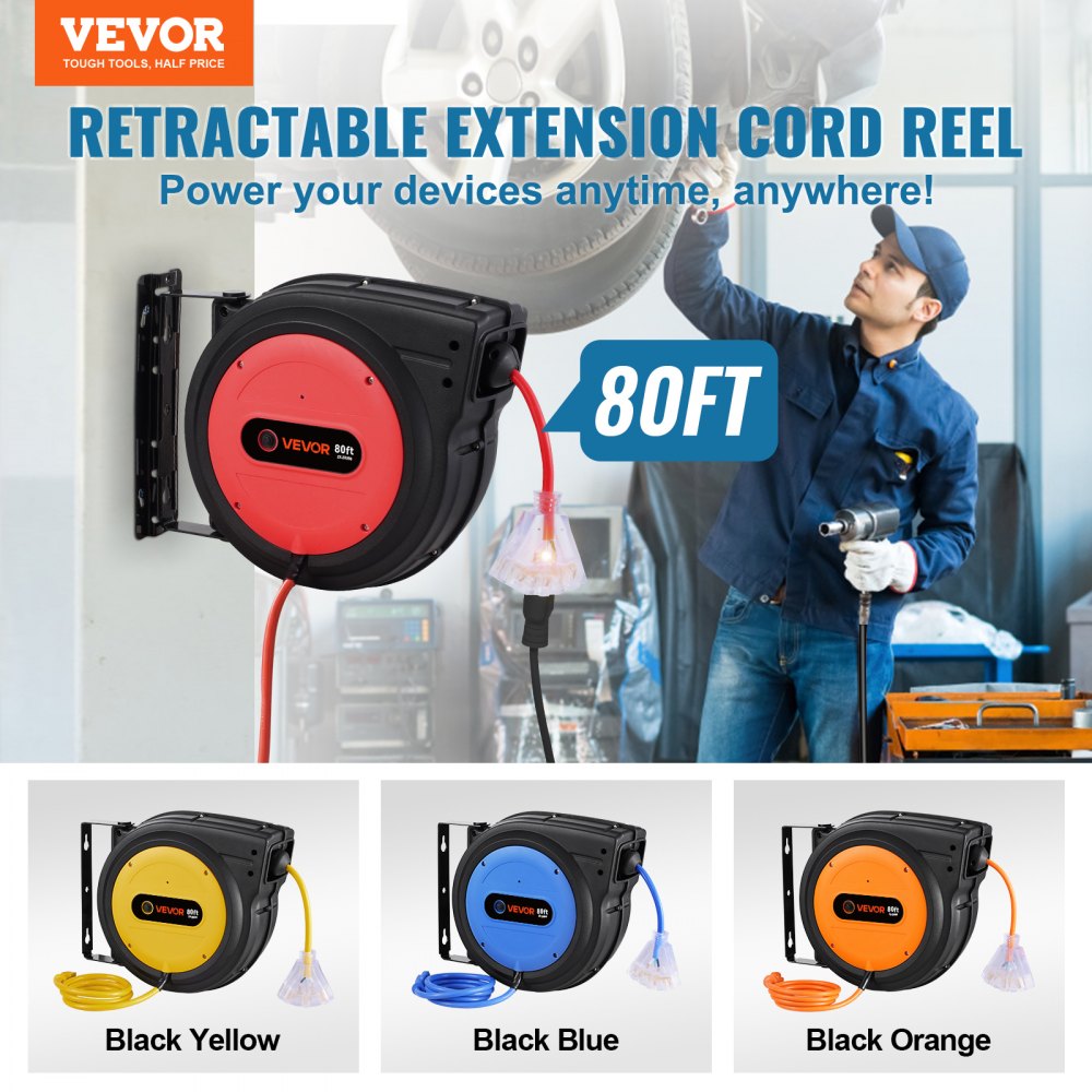 VEVOR Retractable Extension Cord Reel, 80 FT, Heavy Duty 12AWG/3C SJTOW Retractable Power Cord with Lighted Triple Tap