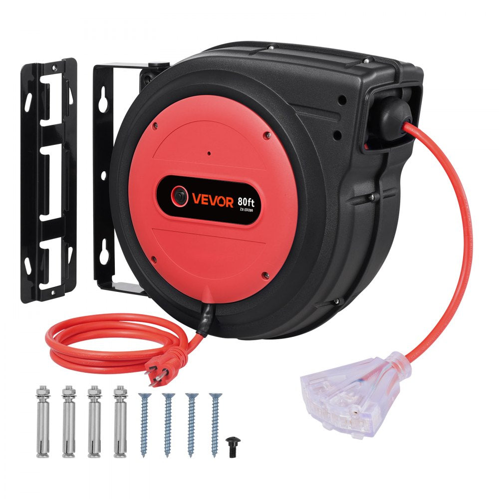 VEVOR Retractable Extension Cord Reel, 80 FT, Heavy Duty 12AWG/3C SJTOW Retractable Power Cord with Lighted Triple Tap