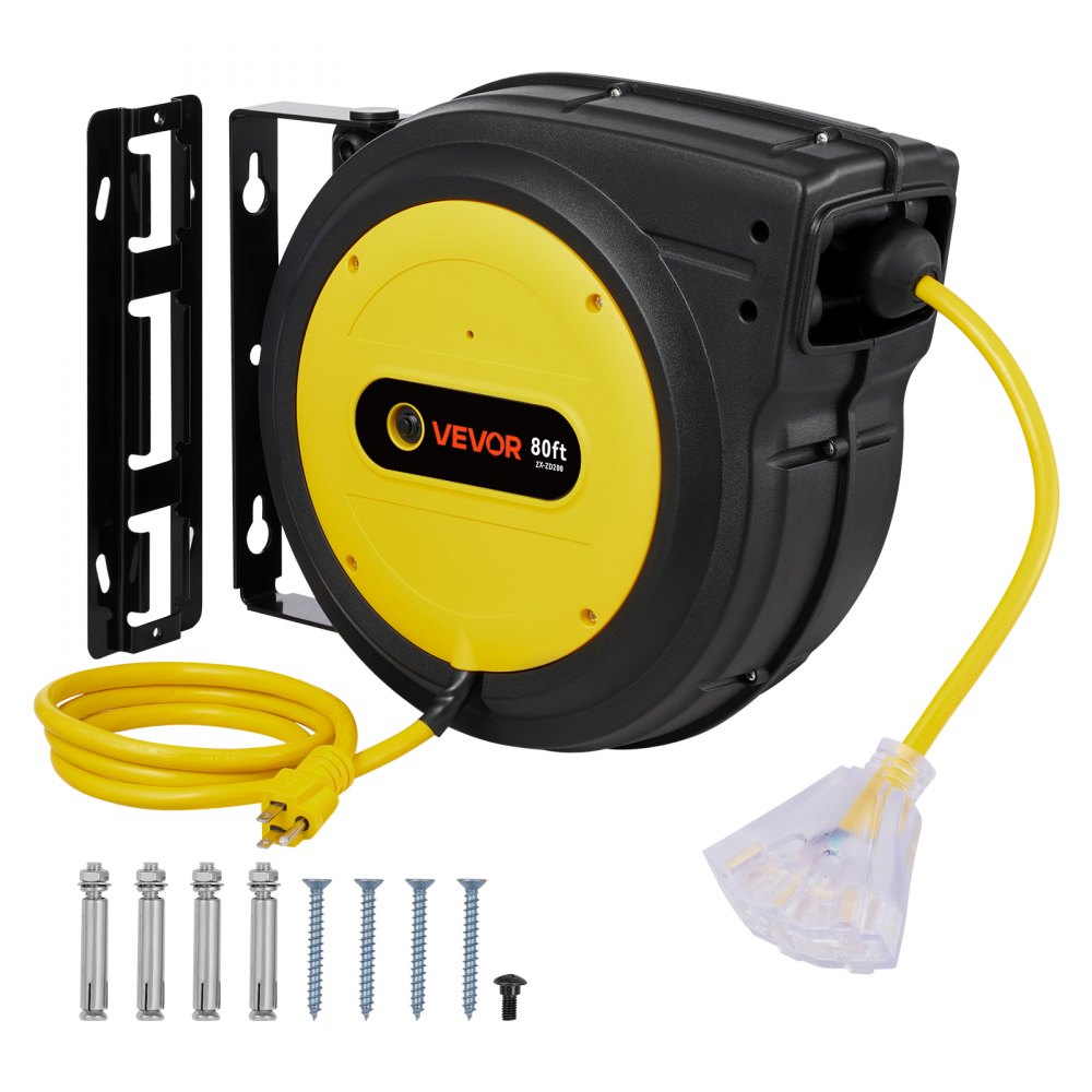 VEVOR Retractable Extension Cord Reel, 80 FT, Heavy Duty 12AWG/3C SJTOW Retractable Power Cord with Lighted Triple Tap