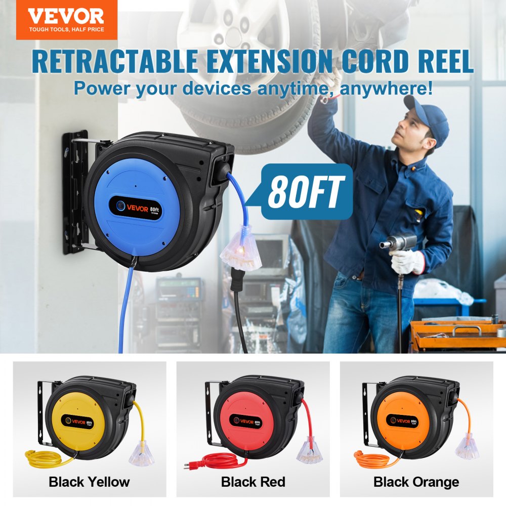 VEVOR Retractable Extension Cord Reel, 80 FT, Heavy Duty 12AWG/3C SJTOW Retractable Power Cord with Lighted Triple Tap