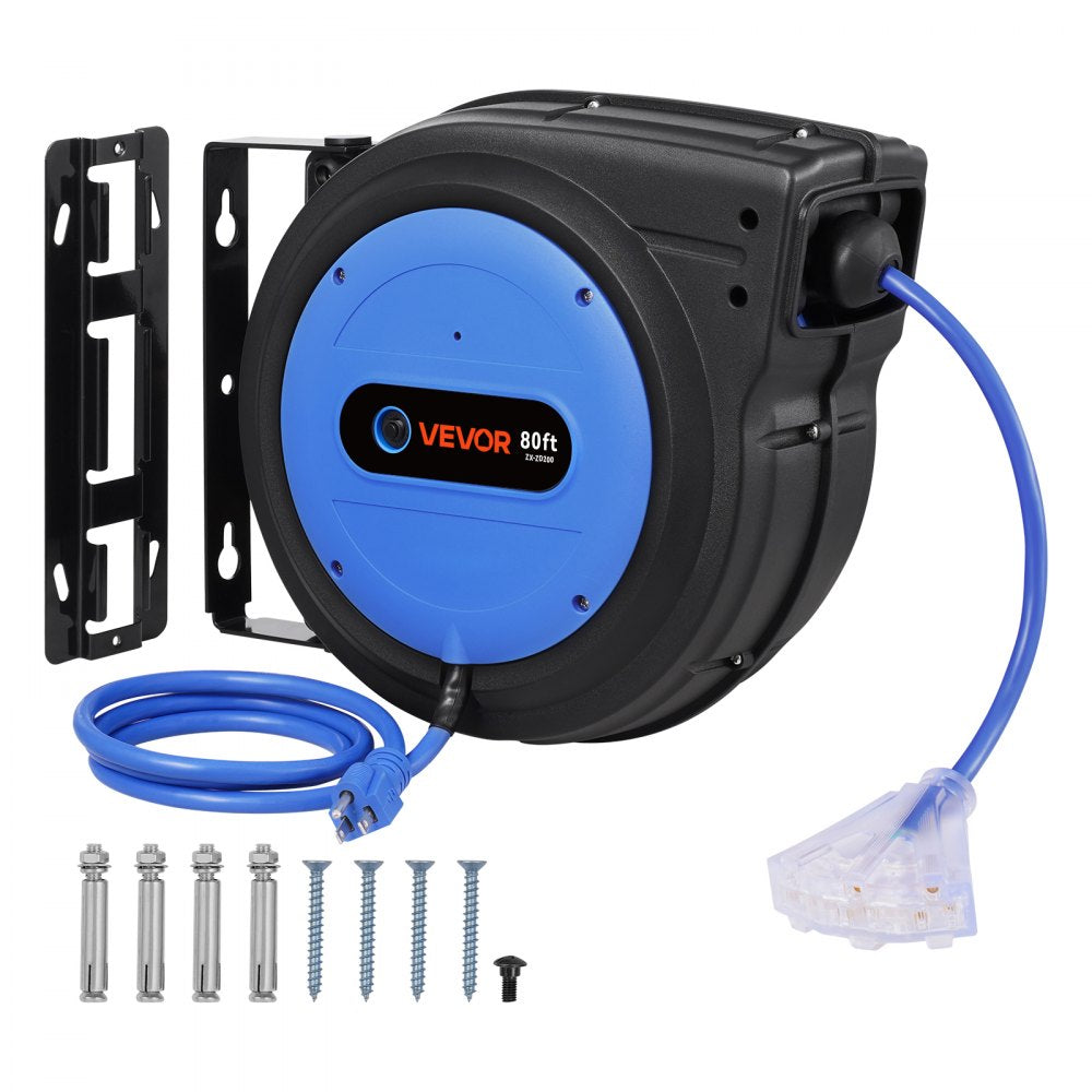 VEVOR Retractable Extension Cord Reel, 80 FT, Heavy Duty 12AWG/3C SJTOW Retractable Power Cord with Lighted Triple Tap