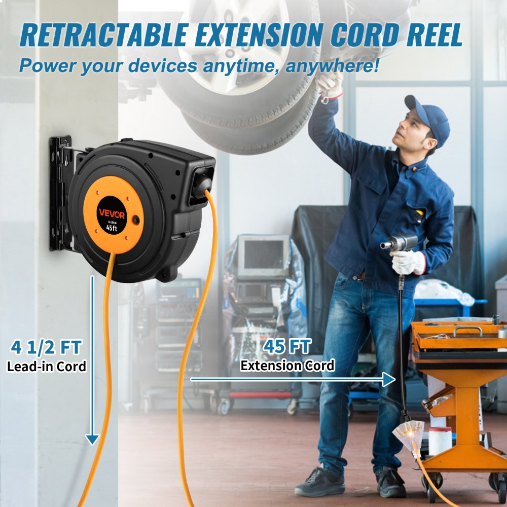 VEVOR Retractable Extension Reel, Heavy Duty 12AWG/3C SJTOW Power Cord 45 FT 12AWG, Black Tested toStandards - 45 ft /