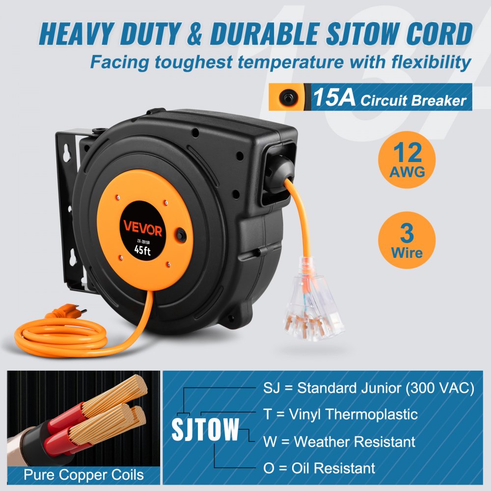 VEVOR Retractable Extension Reel, Heavy Duty 12AWG/3C SJTOW Power Cord 45 FT 12AWG, Black Tested toStandards - 45 ft /