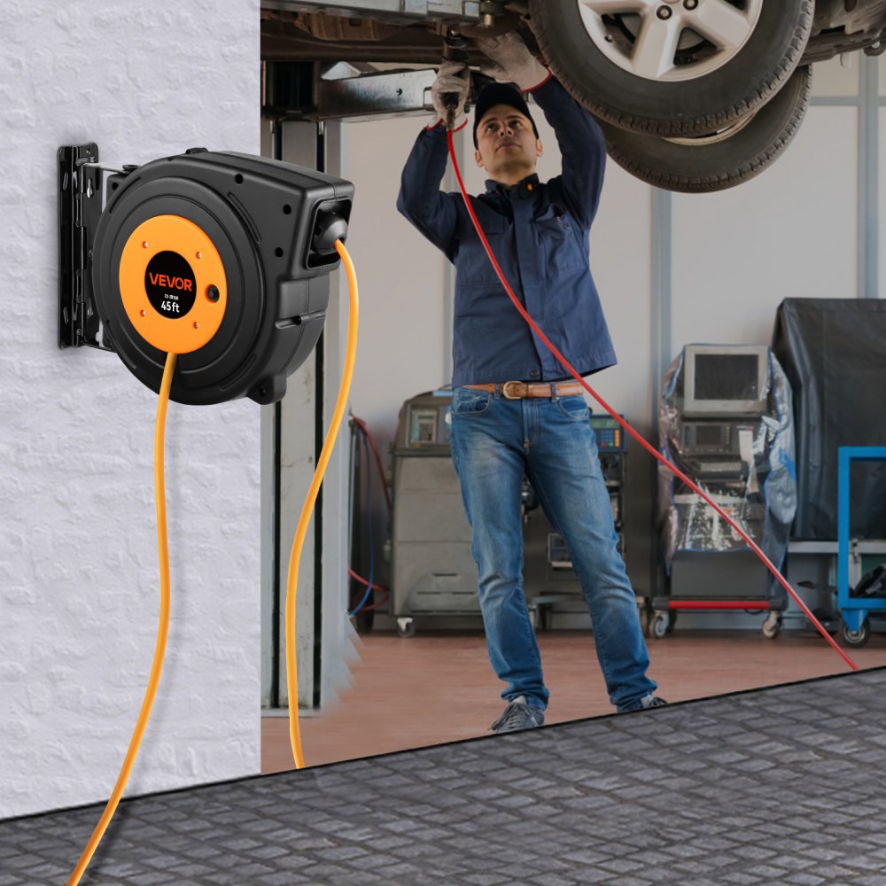 VEVOR Retractable Extension Reel, Heavy Duty 12AWG/3C SJTOW Power Cord 45 FT 12AWG, Black Tested toStandards - 45 ft /