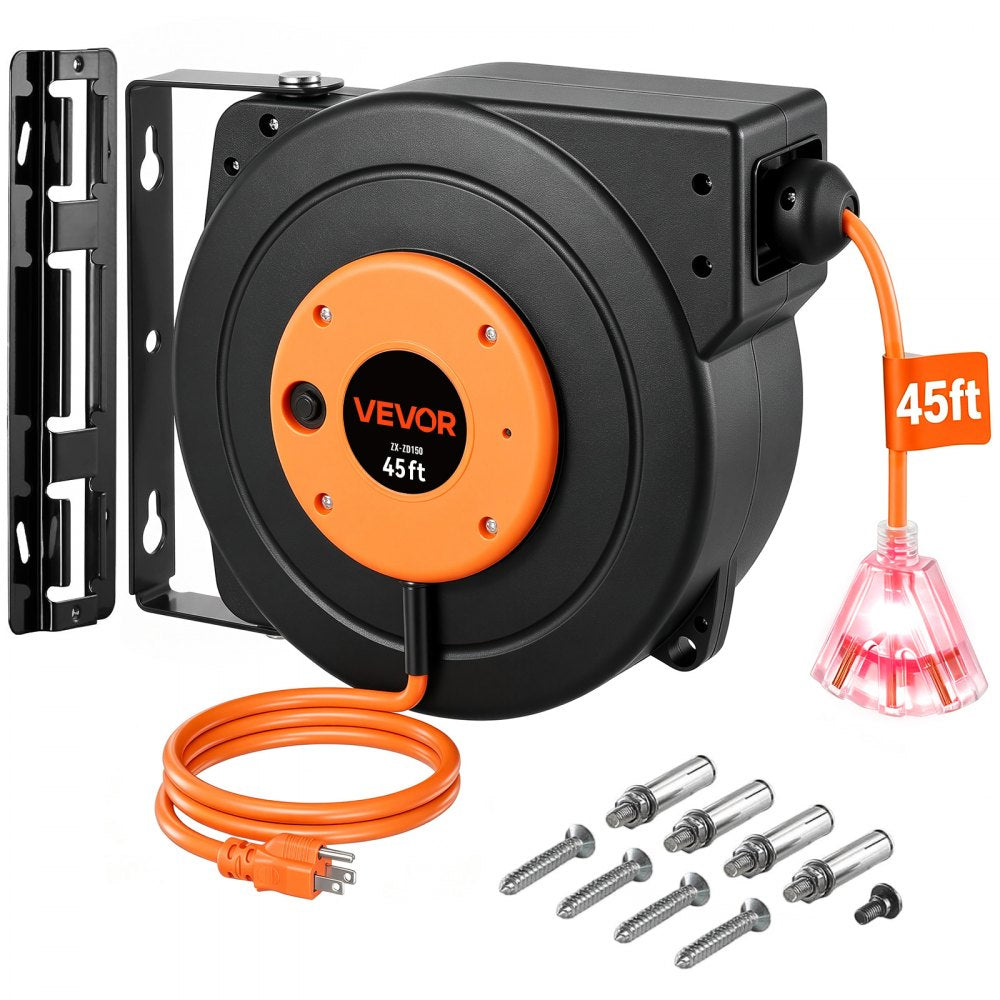VEVOR Retractable Extension Reel, Heavy Duty 12AWG/3C SJTOW Power Cord 45 FT 12AWG, Black Tested toStandards - 45 ft /