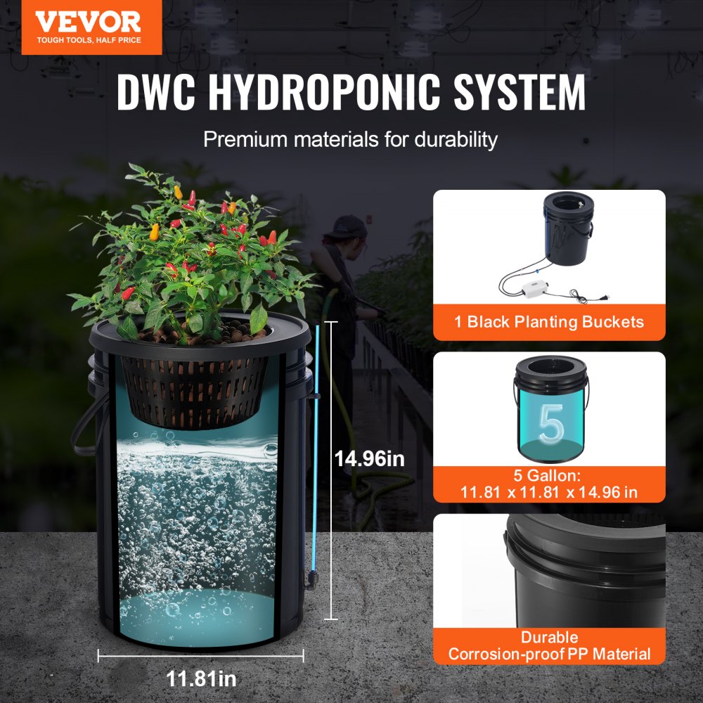 VEVOR DWC Hydroponics Grow System, Hydroponic Growing System with Top Drip Kit, 5-Gallon Deep Water Culture with Air