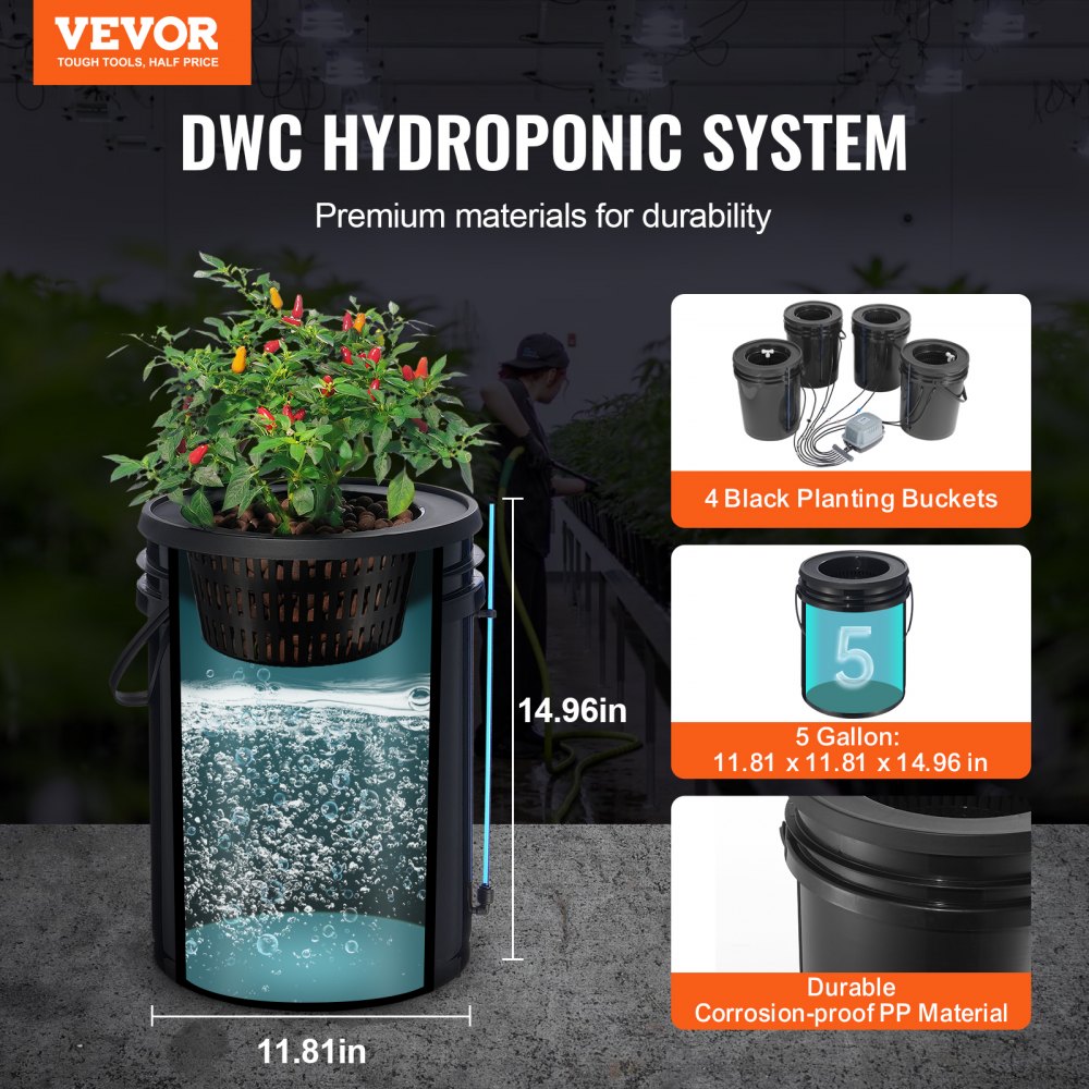 VEVOR DWC Hydroponics Grow System, Hydroponic Growing System with Top Drip Kit, Deep Water Culture 5-Gallon 4 Buckets