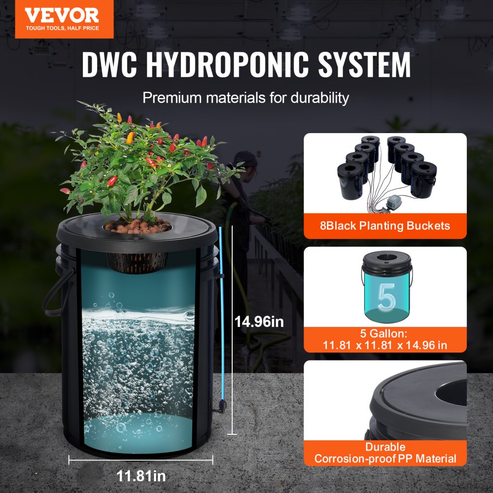 VEVOR DWC Hydroponic System, 5 Gallon 8 Buckets, Deep Water Culture Growing Bucket, Hydroponics Grow Kit with Pump, Air