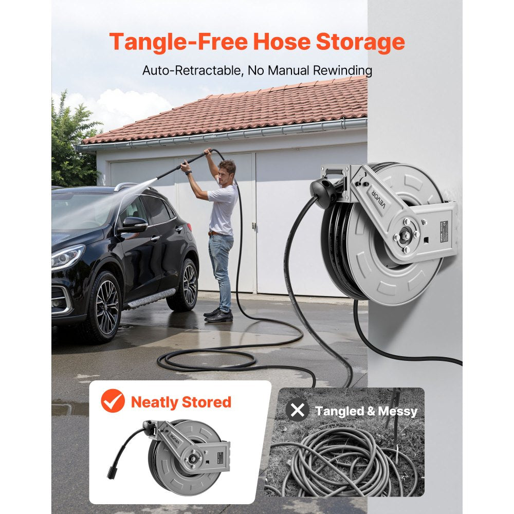 VEVOR Pressure Washer Hose Reel, 65 ft x 1/4 inch Retractable Power Heavy-Duty Steel Washer Hose Reel, 3200PSI Max