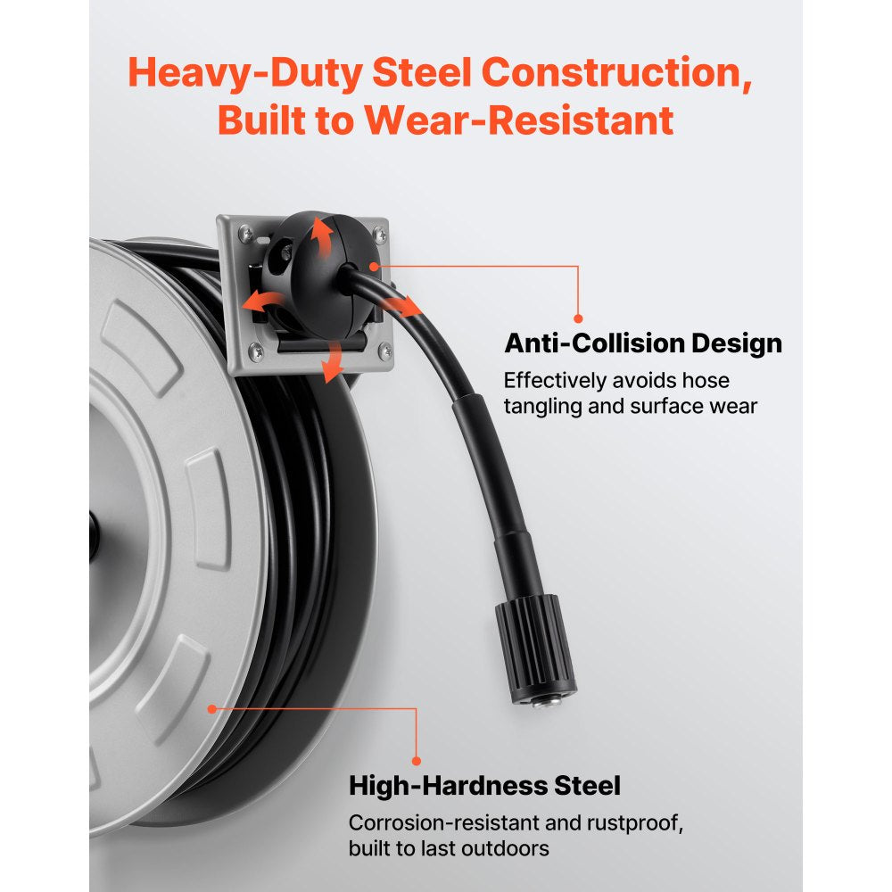 VEVOR Pressure Washer Hose Reel, 65 ft x 1/4 inch Retractable Power Heavy-Duty Steel Washer Hose Reel, 3200PSI Max